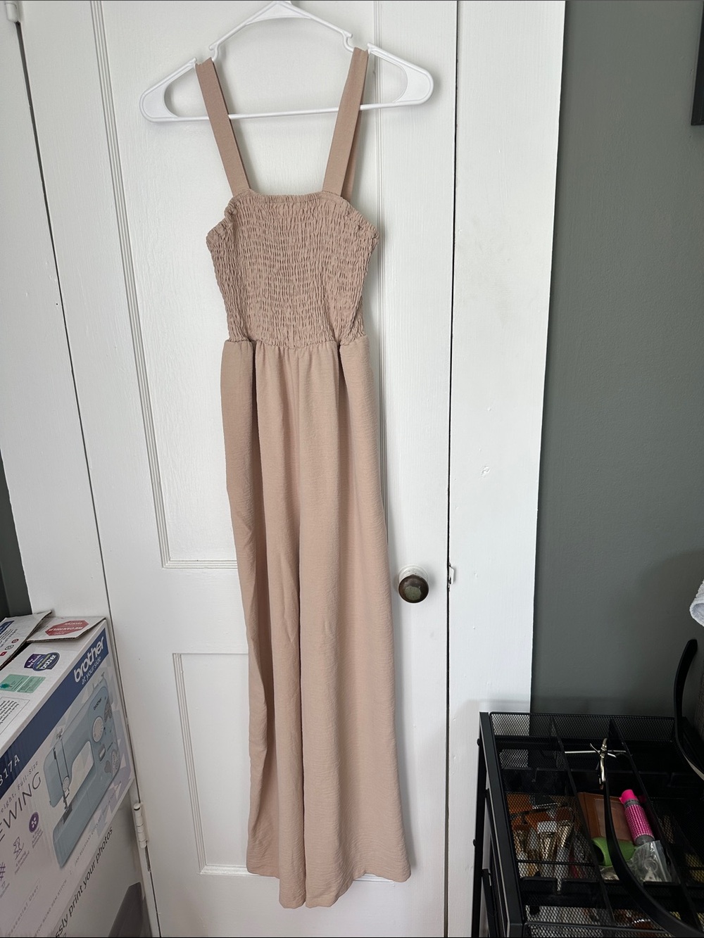 Smocked Beige Maxi romper with Wide Straps
